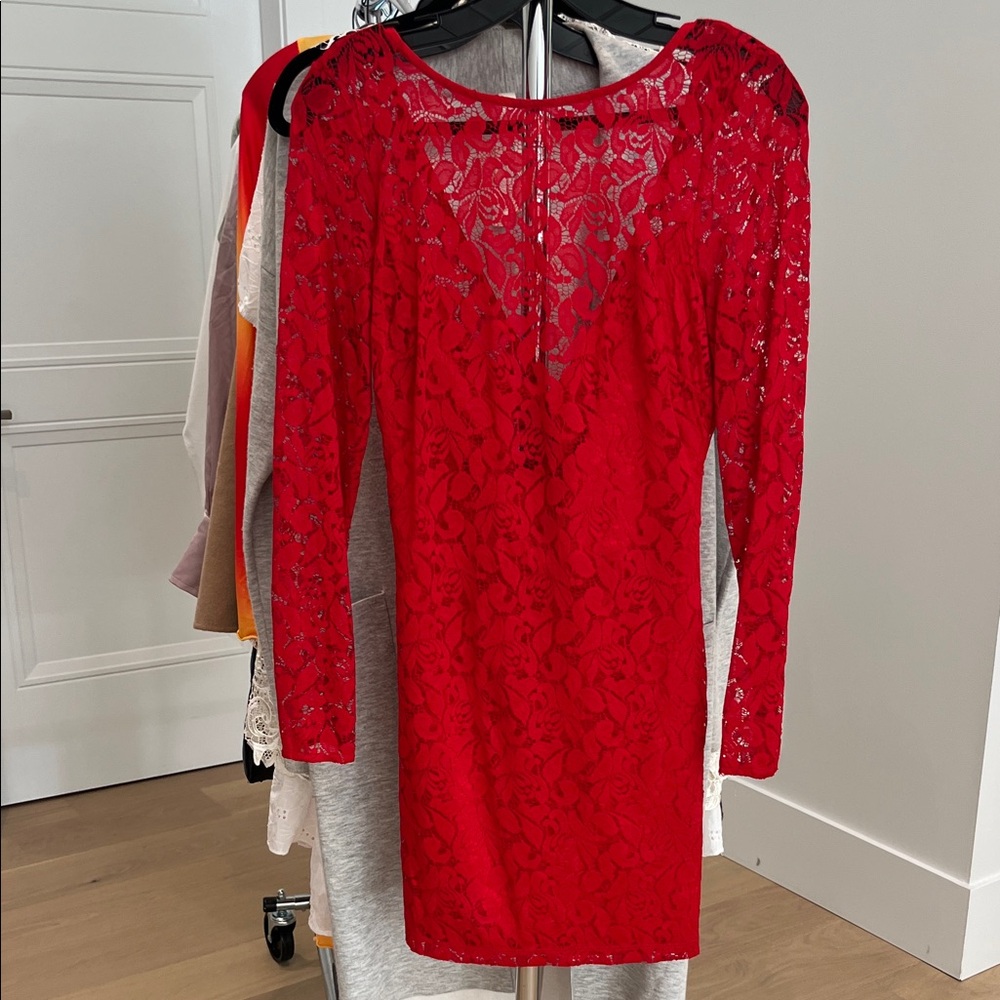 bebe Vibrant Red Long Sleeve Lace Dress